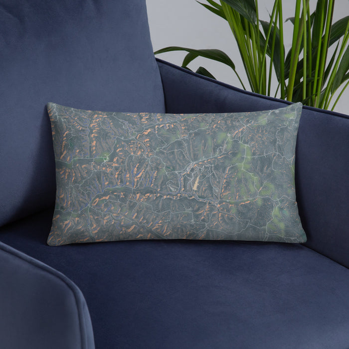 Custom Hocking Hills Ohio Map Throw Pillow in Afternoon on Blue Colored Chair