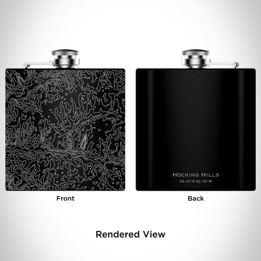 Rendered View of Hocking Hills Ohio Map Engraving on 6oz Stainless Steel Flask in Black