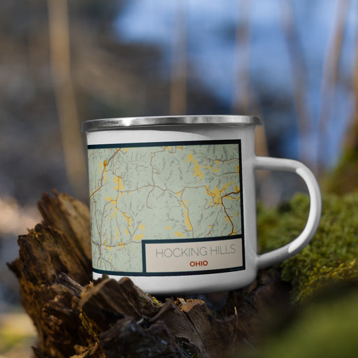 Right View Custom Hocking Hills Ohio Map Enamel Mug in Woodblock on Grass With Trees in Background