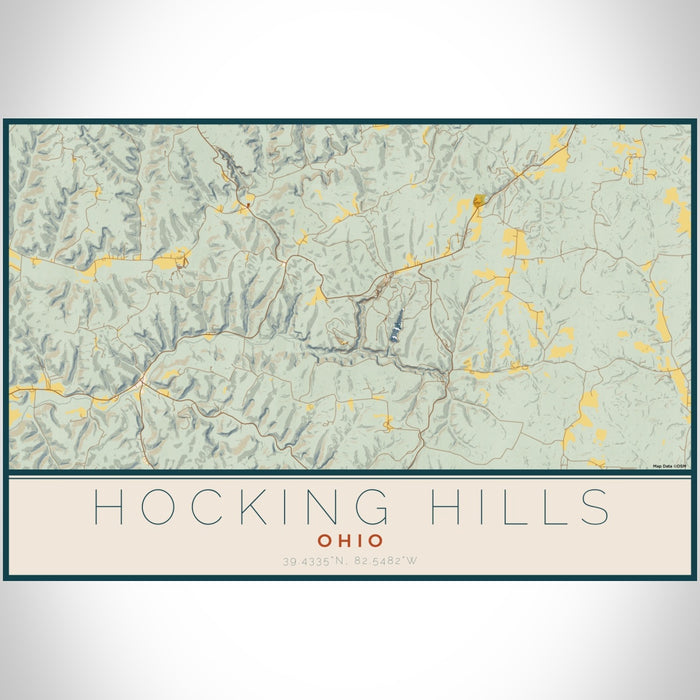 Hocking Hills Ohio Map Print Landscape Orientation in Woodblock Style With Shaded Background