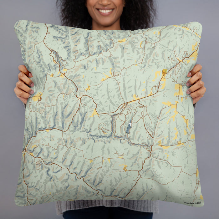 Person holding 22x22 Custom Hocking Hills Ohio Map Throw Pillow in Woodblock