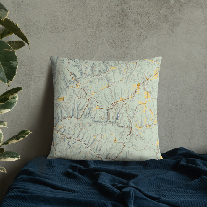 Custom Hocking Hills Ohio Map Throw Pillow in Woodblock on Bedding Against Wall