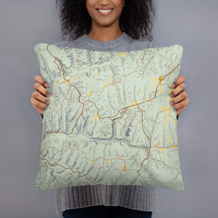 Person holding 18x18 Custom Hocking Hills Ohio Map Throw Pillow in Woodblock