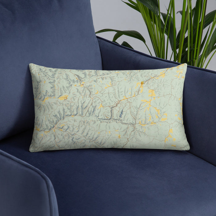 Custom Hocking Hills Ohio Map Throw Pillow in Woodblock on Blue Colored Chair