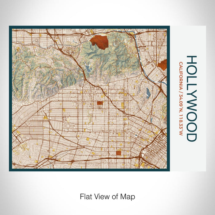 Rendered View of Hollywood California Map on 20oz Stainless Steel Insulated Bottle with Bamboo Top with printed woodblock style map