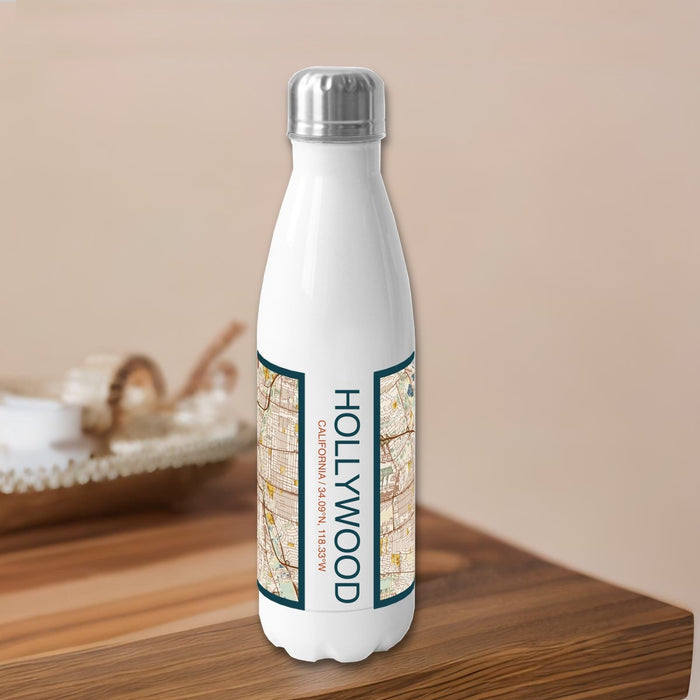 Hollywood California Custom City Map Inscription Coordinates on 17oz Stainless Steel Insulated Bottle with printed woodblock style map