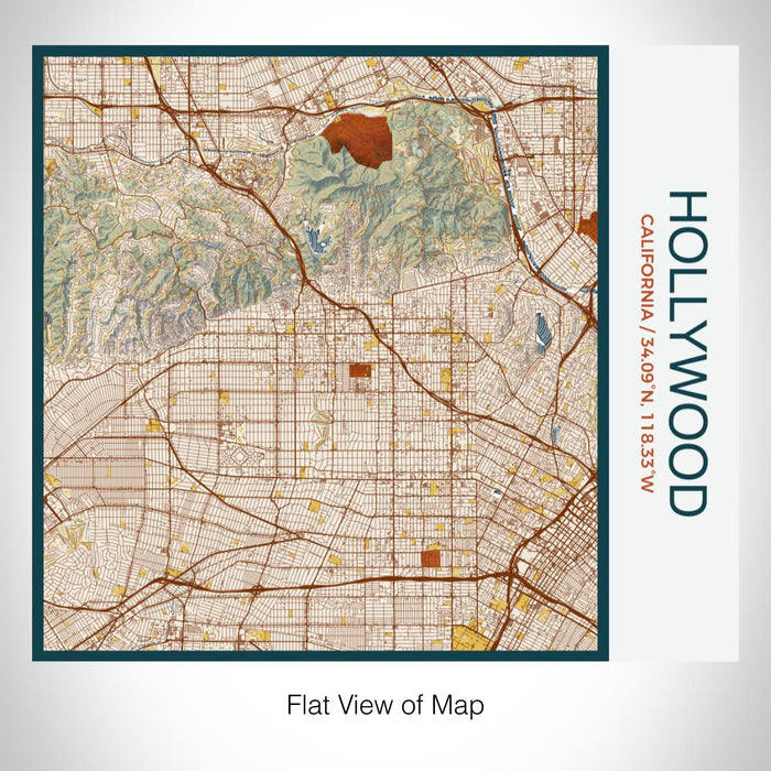 Rendered View of Hollywood California Map on 17oz Stainless Steel Insulated Tumbler in Woodblock Map Style