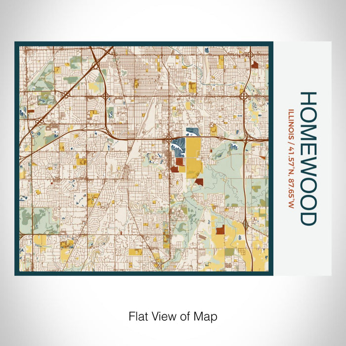 Rendered View of Homewood Illinois Map on 20oz Stainless Steel Insulated Bottle with Bamboo Top with printed woodblock style map