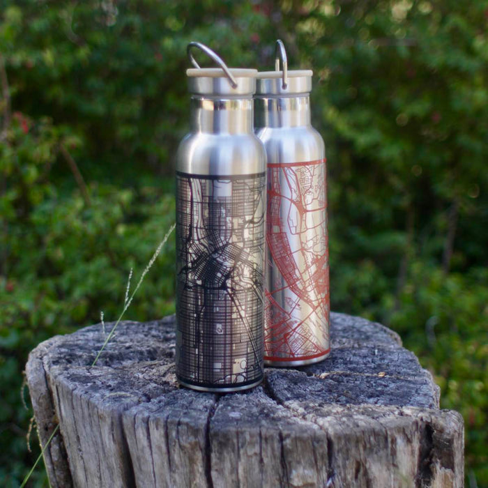 Two 20oz Stainless Steel Insulated Bottle with Bamboo Tops with black and red maps