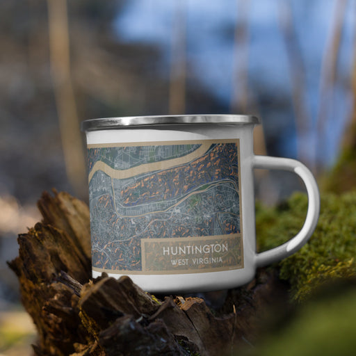 Right View Custom Huntington West Virginia Map Enamel Mug in Afternoon on Grass With Trees in Background