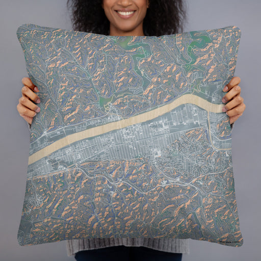 Person holding 22x22 Custom Huntington West Virginia Map Throw Pillow in Afternoon