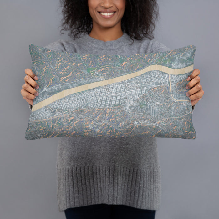 Person holding 20x12 Custom Huntington West Virginia Map Throw Pillow in Afternoon