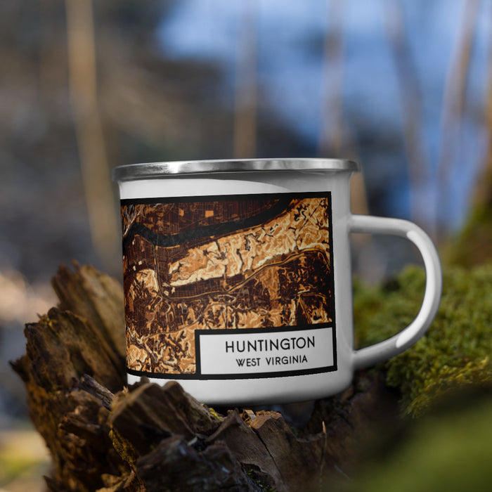 Right View Custom Huntington West Virginia Map Enamel Mug in Ember on Grass With Trees in Background