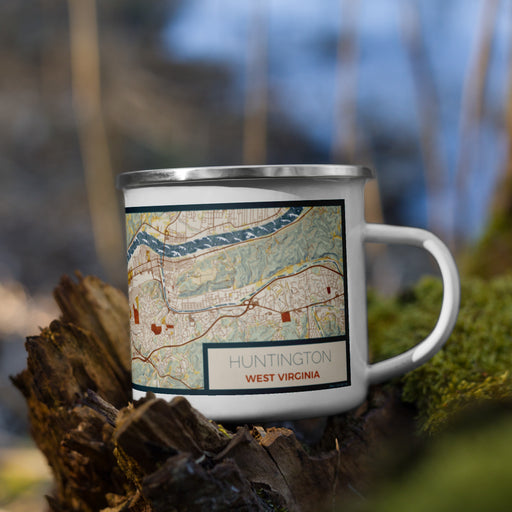 Right View Custom Huntington West Virginia Map Enamel Mug in Woodblock on Grass With Trees in Background