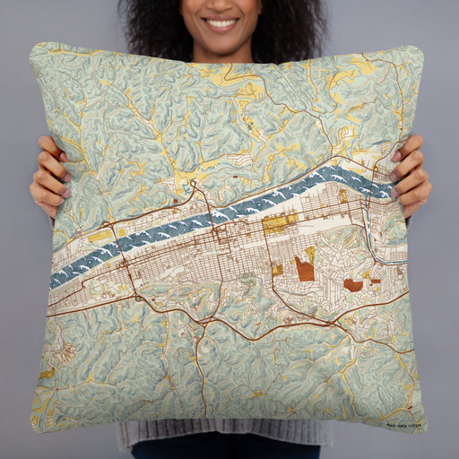 Person holding 22x22 Custom Huntington West Virginia Map Throw Pillow in Woodblock
