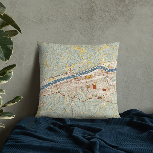 Custom Huntington West Virginia Map Throw Pillow in Woodblock on Bedding Against Wall