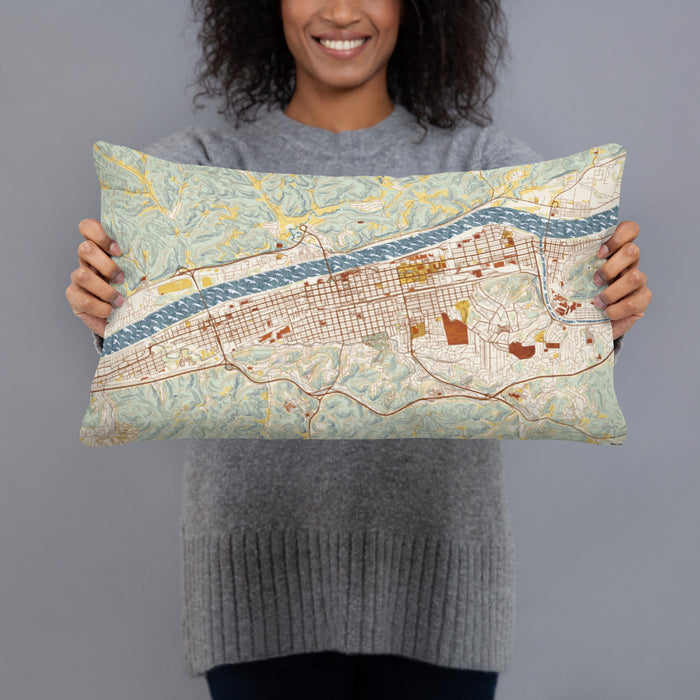 Person holding 20x12 Custom Huntington West Virginia Map Throw Pillow in Woodblock