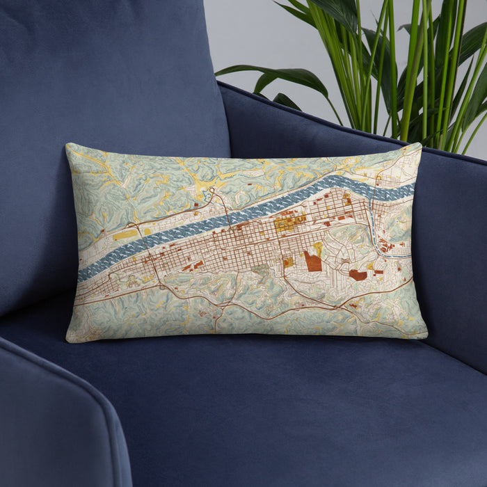 Custom Huntington West Virginia Map Throw Pillow in Woodblock on Blue Colored Chair