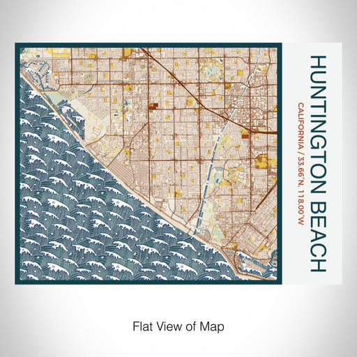 Rendered View of Huntington Beach California Map on 20oz Stainless Steel Insulated Bottle with Bamboo Top with printed woodblock style map