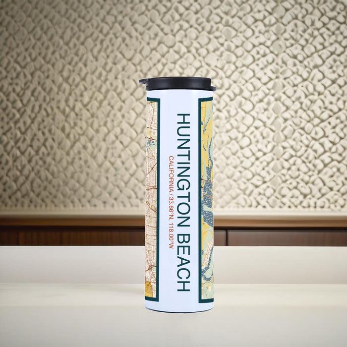 Huntington Beach California Custom City Map Inscription Coordinates on 17oz Stainless Steel Insulated Tumbler in Woodblock Map Style