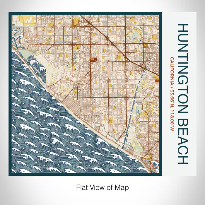 Rendered View of Huntington Beach California Map on 17oz Stainless Steel Insulated Tumbler in Woodblock Map Style