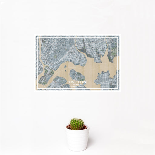 12x18 Hunts Point The Bronx Map Print Landscape Orientation in Afternoon Style With Small Cactus Plant in White Planter