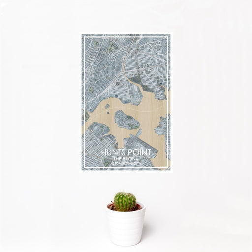 12x18 Hunts Point The Bronx Map Print Portrait Orientation in Afternoon Style With Small Cactus Plant in White Planter