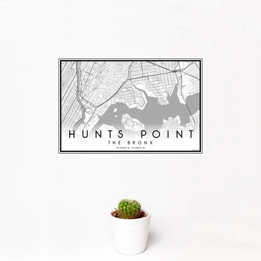 12x18 Hunts Point The Bronx Map Print Landscape Orientation in Classic Style With Small Cactus Plant in White Planter