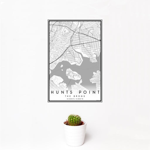 12x18 Hunts Point The Bronx Map Print Portrait Orientation in Classic Style With Small Cactus Plant in White Planter