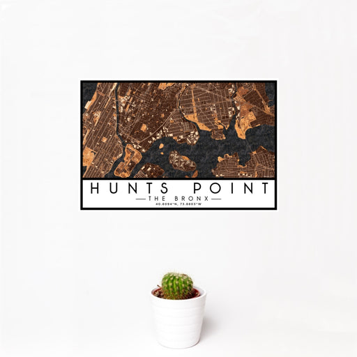 12x18 Hunts Point The Bronx Map Print Landscape Orientation in Ember Style With Small Cactus Plant in White Planter