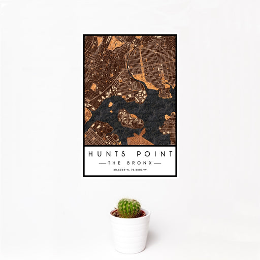 12x18 Hunts Point The Bronx Map Print Portrait Orientation in Ember Style With Small Cactus Plant in White Planter