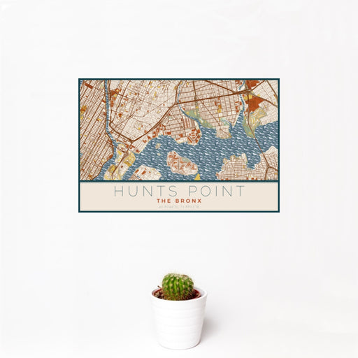 12x18 Hunts Point The Bronx Map Print Landscape Orientation in Woodblock Style With Small Cactus Plant in White Planter