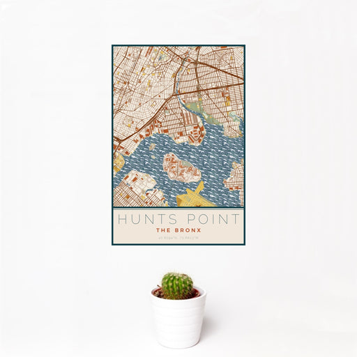 12x18 Hunts Point The Bronx Map Print Portrait Orientation in Woodblock Style With Small Cactus Plant in White Planter