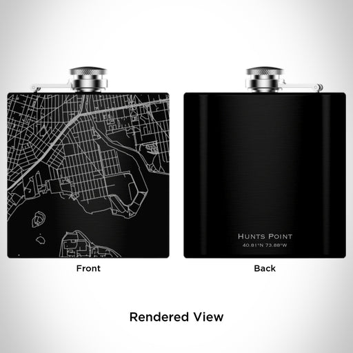 Rendered View of Hunts Point The Bronx Map Engraving on 6oz Stainless Steel Flask in Black