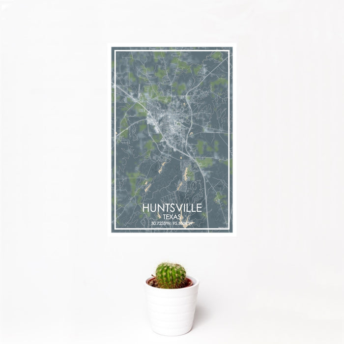 12x18 Huntsville Texas Map Print Portrait Orientation in Afternoon Style With Small Cactus Plant in White Planter