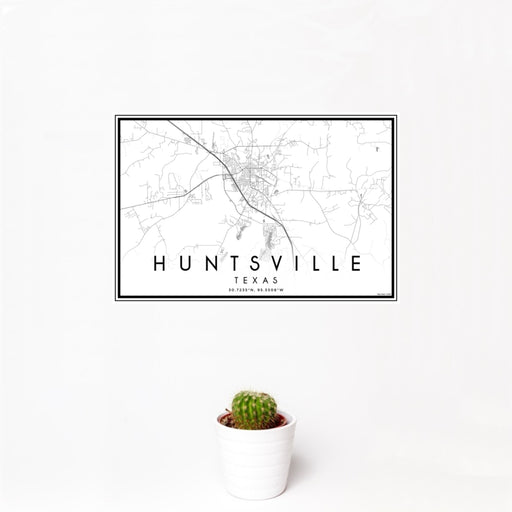 12x18 Huntsville Texas Map Print Landscape Orientation in Classic Style With Small Cactus Plant in White Planter