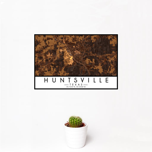 12x18 Huntsville Texas Map Print Landscape Orientation in Ember Style With Small Cactus Plant in White Planter
