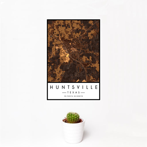 12x18 Huntsville Texas Map Print Portrait Orientation in Ember Style With Small Cactus Plant in White Planter