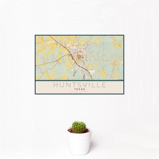 12x18 Huntsville Texas Map Print Landscape Orientation in Woodblock Style With Small Cactus Plant in White Planter