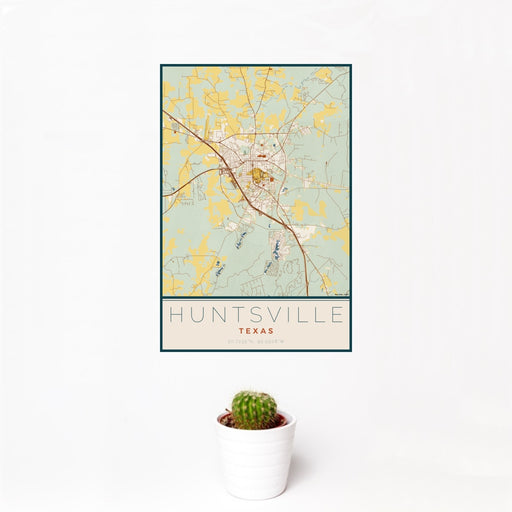 12x18 Huntsville Texas Map Print Portrait Orientation in Woodblock Style With Small Cactus Plant in White Planter