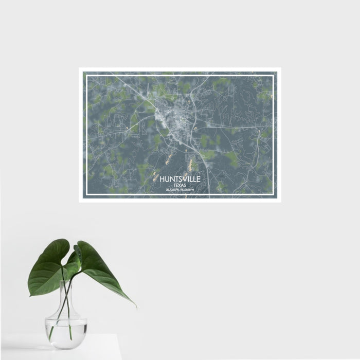 16x24 Huntsville Texas Map Print Landscape Orientation in Afternoon Style With Tropical Plant Leaves in Water