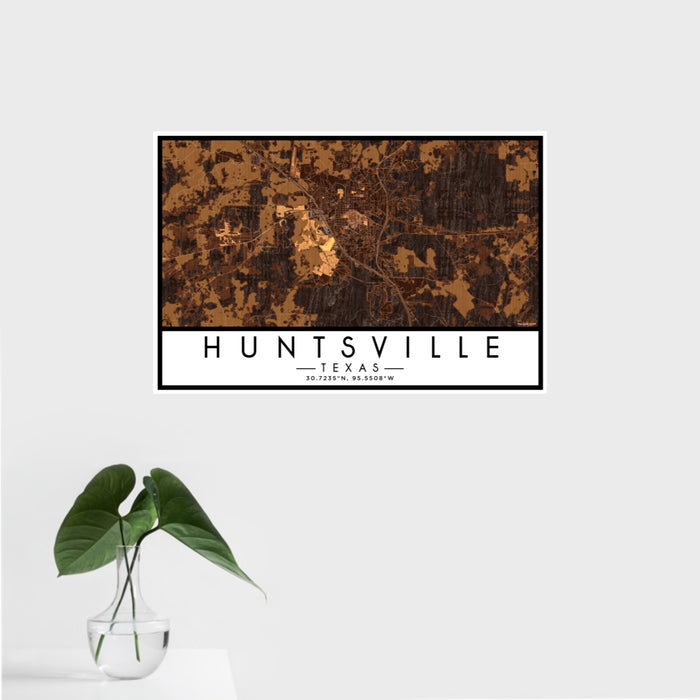 16x24 Huntsville Texas Map Print Landscape Orientation in Ember Style With Tropical Plant Leaves in Water
