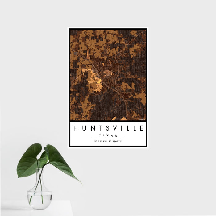 16x24 Huntsville Texas Map Print Portrait Orientation in Ember Style With Tropical Plant Leaves in Water