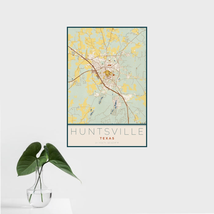 16x24 Huntsville Texas Map Print Portrait Orientation in Woodblock Style With Tropical Plant Leaves in Water