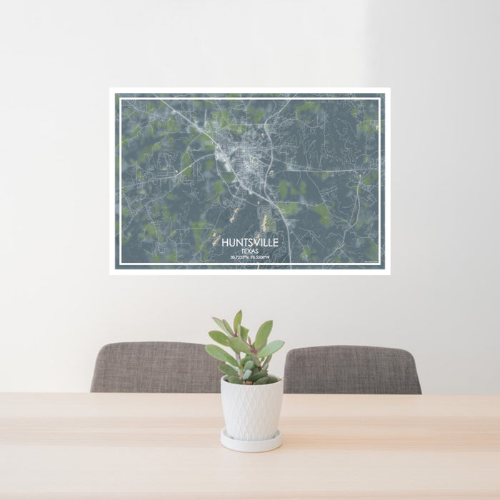 24x36 Huntsville Texas Map Print Lanscape Orientation in Afternoon Style Behind 2 Chairs Table and Potted Plant