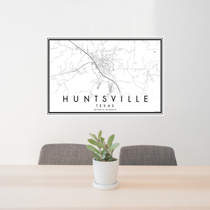 24x36 Huntsville Texas Map Print Lanscape Orientation in Classic Style Behind 2 Chairs Table and Potted Plant