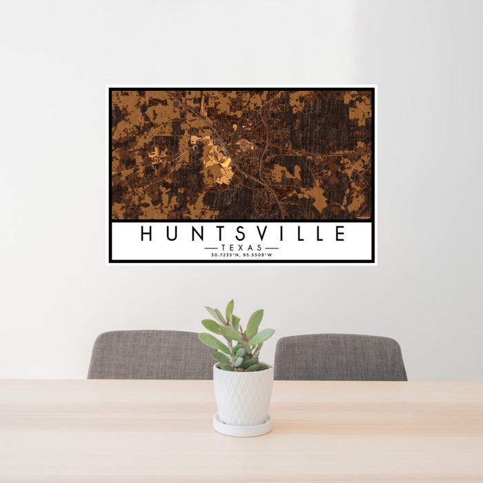 24x36 Huntsville Texas Map Print Lanscape Orientation in Ember Style Behind 2 Chairs Table and Potted Plant