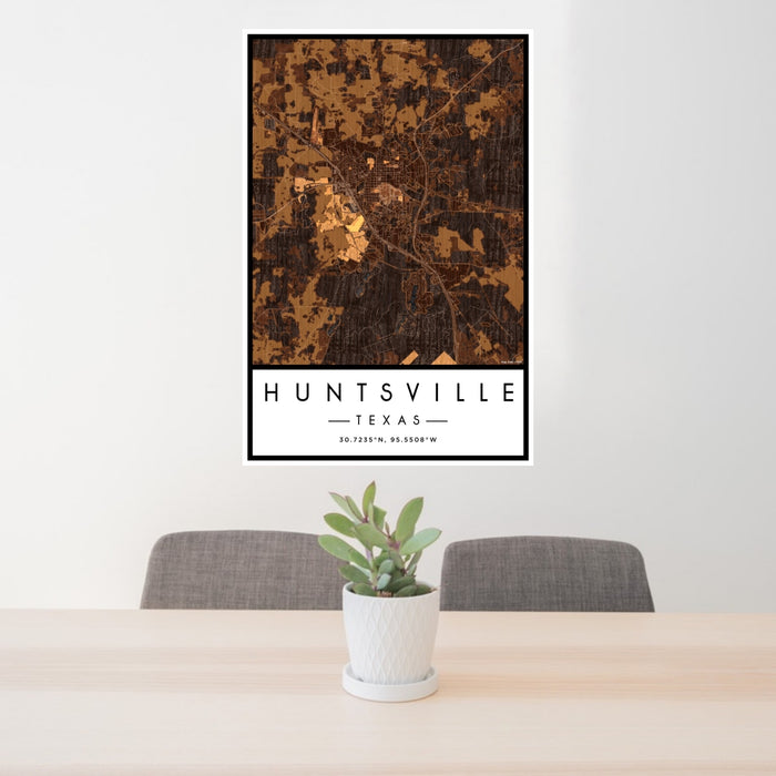 24x36 Huntsville Texas Map Print Portrait Orientation in Ember Style Behind 2 Chairs Table and Potted Plant