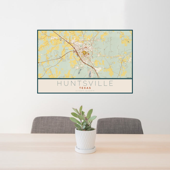 24x36 Huntsville Texas Map Print Lanscape Orientation in Woodblock Style Behind 2 Chairs Table and Potted Plant