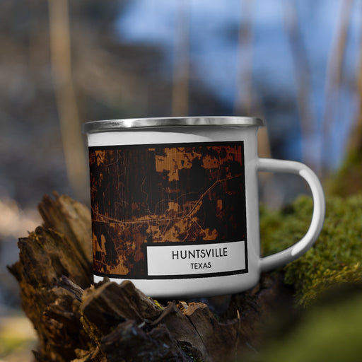 Right View Custom Huntsville Texas Map Enamel Mug in Ember on Grass With Trees in Background